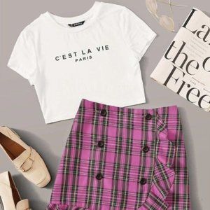 Trendy C'EST LA VIE Top and Plaid Skirt
